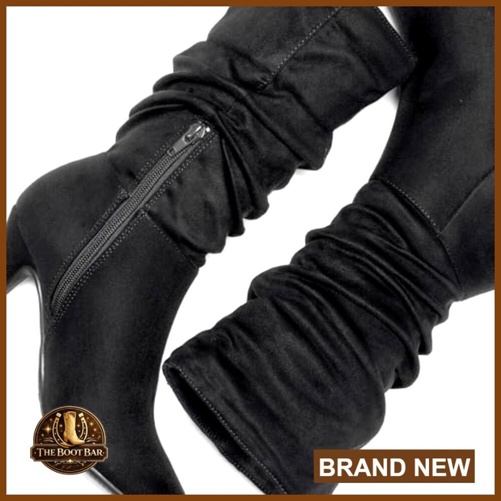 Slouchy Mid Calf Boots Pointed Toe Stiletto Heels Faux Suede Fall Winter - Picture 2 of 7